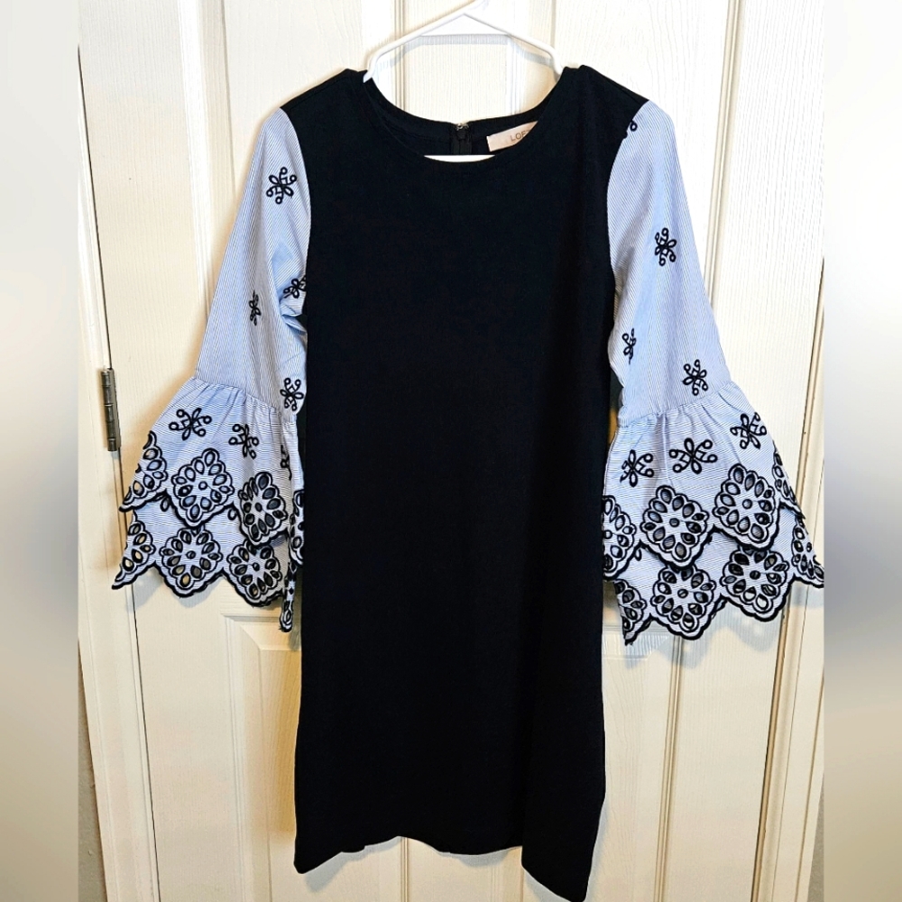 LOFT | Navy blue dress with long bell sleeve with eyelet cutout pattern